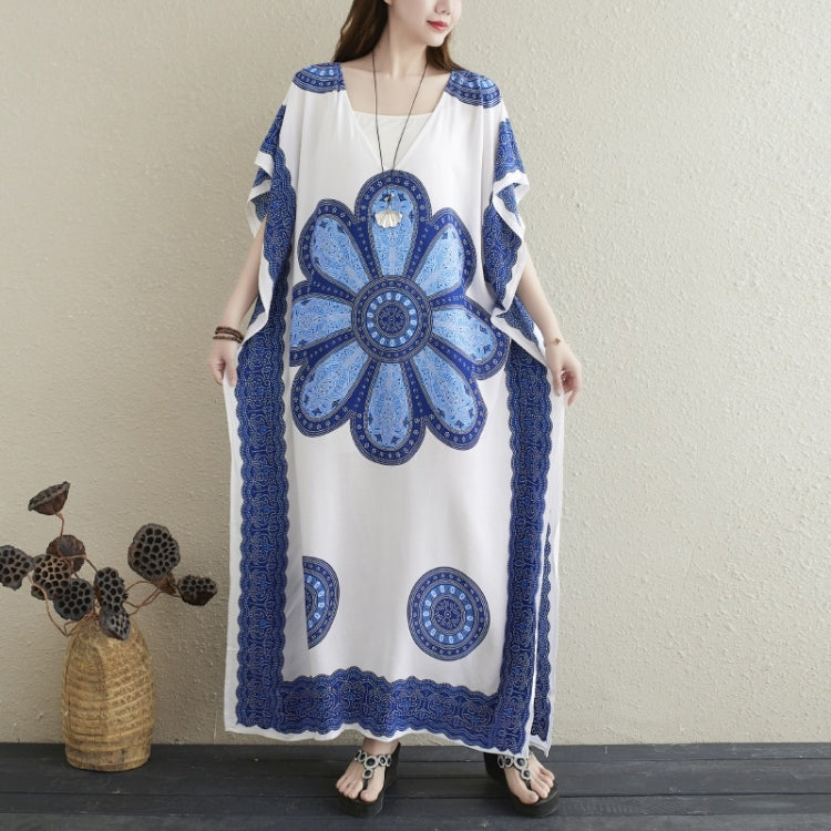 Ladies Printed V-neck Simple Holiday Style Long Skirt Loose Dress (As Show)