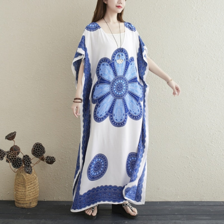 Ladies Printed V-neck Simple Holiday Style Long Skirt Loose Dress (As Show)