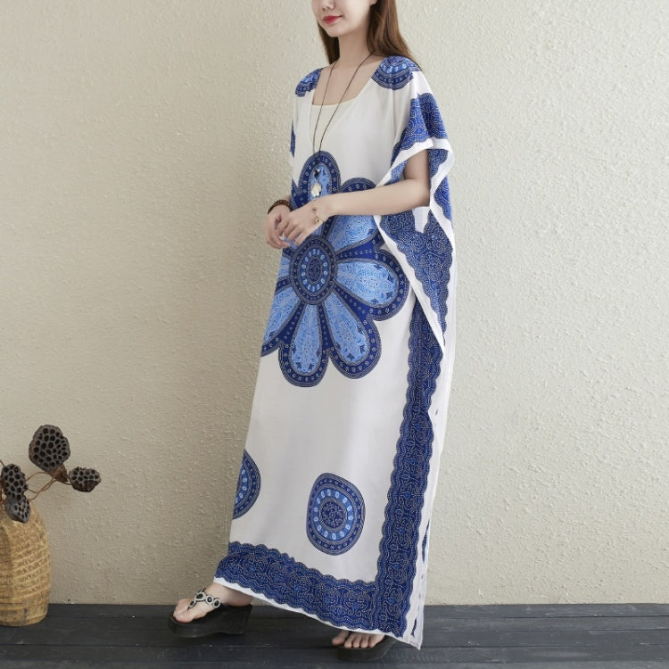 Ladies Printed V-neck Simple Holiday Style Long Skirt Loose Dress (As Show)
