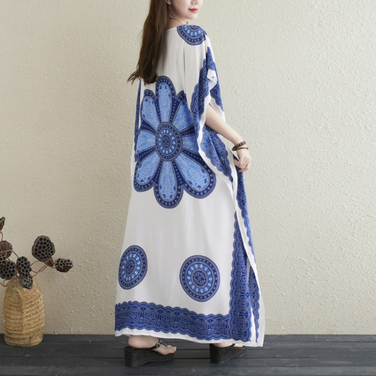 Ladies Printed V-neck Simple Holiday Style Long Skirt Loose Dress (As Show)