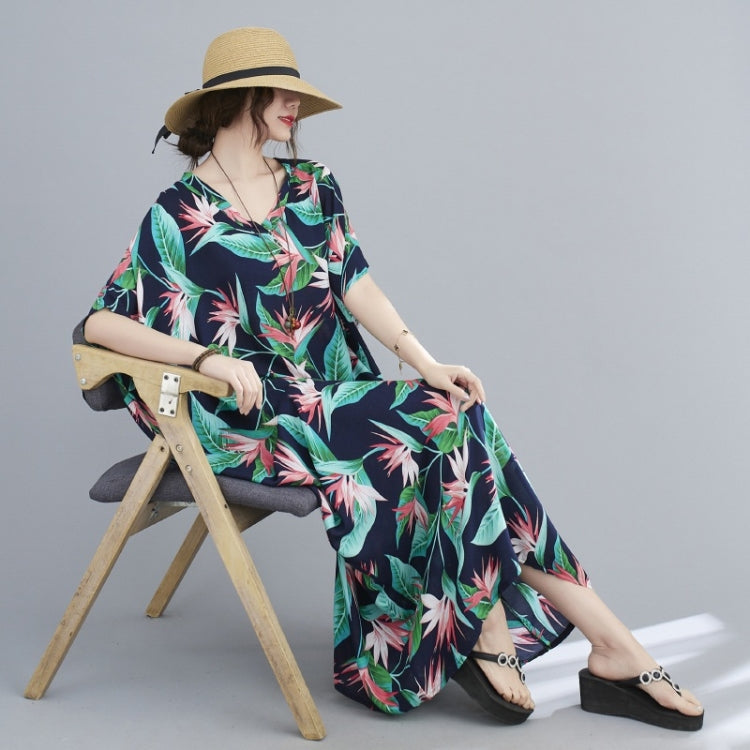 Ladies Simple Vacation Style V-neck Long Robe Dress (As Show)