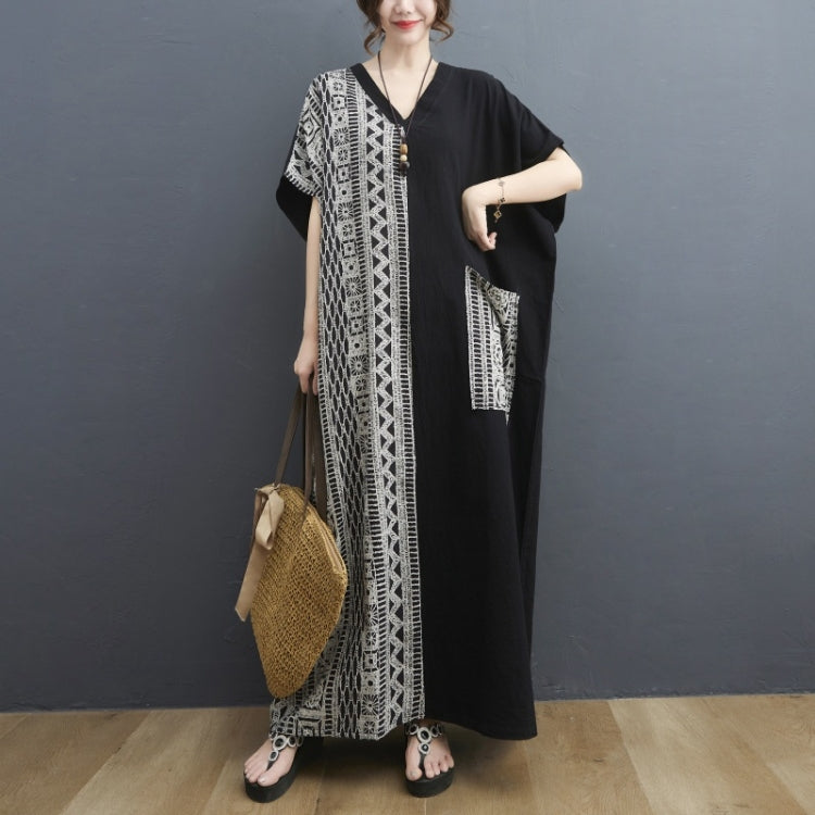 Ladies Cotton Linen Retro V-neck Color Matching Long Robe Dress