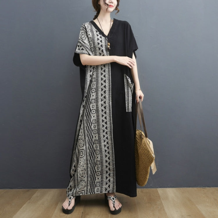Ladies Cotton Linen Retro V-neck Color Matching Long Robe Dress