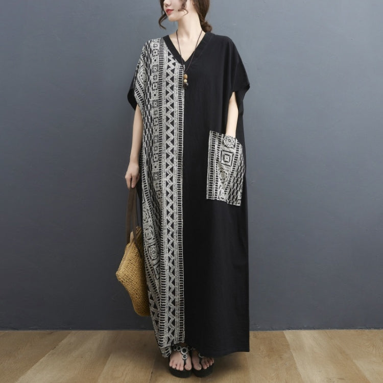 Ladies Cotton Linen Retro V-neck Color Matching Long Robe Dress