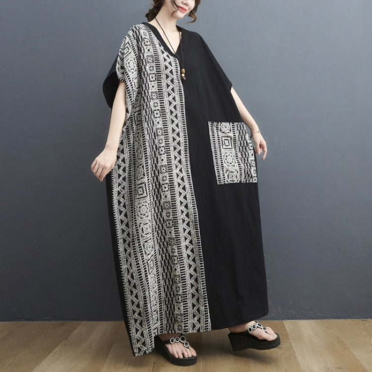 Ladies Cotton Linen Retro V-neck Color Matching Long Robe Dress