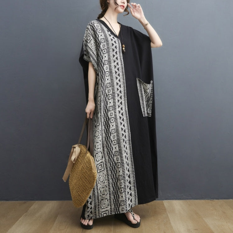 Ladies Cotton Linen Retro V-neck Color Matching Long Robe Dress