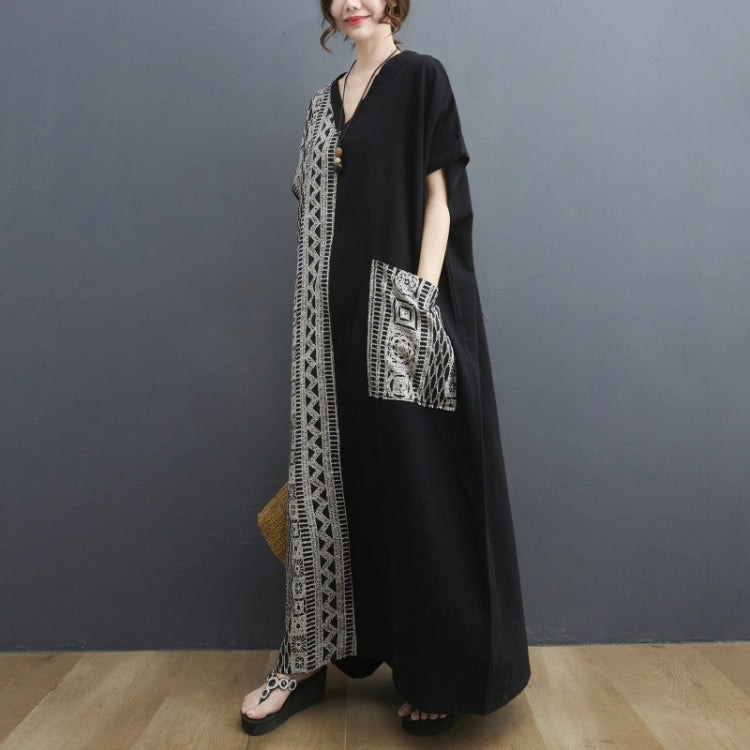 Ladies Cotton Linen Retro V-neck Color Matching Long Robe Dress
