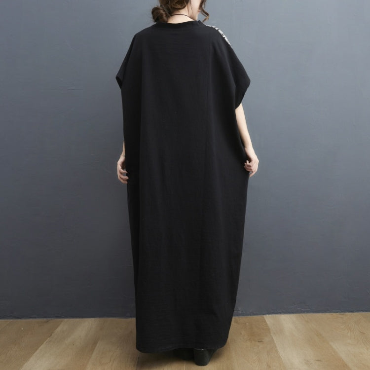 Ladies Cotton Linen Retro V-neck Color Matching Long Robe Dress