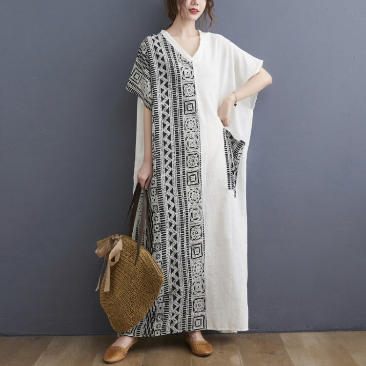 Ladies Cotton Linen Retro V-neck Color Matching Long Robe Dress