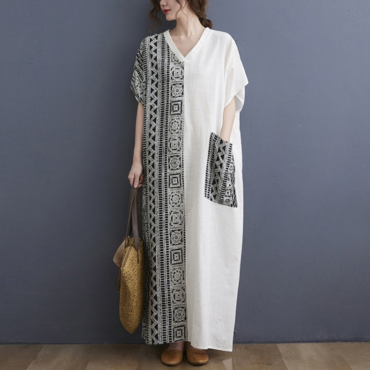 Ladies Cotton Linen Retro V-neck Color Matching Long Robe Dress