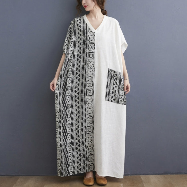 Ladies Cotton Linen Retro V-neck Color Matching Long Robe Dress