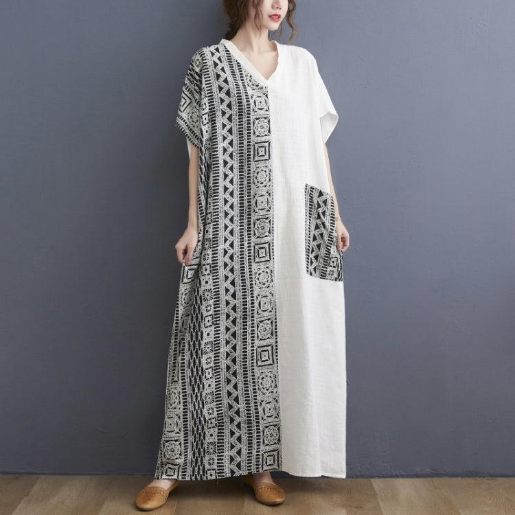 Ladies Cotton Linen Retro V-neck Color Matching Long Robe Dress