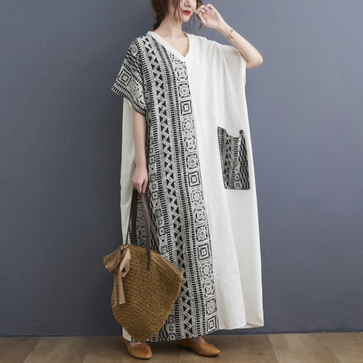 Ladies Cotton Linen Retro V-neck Color Matching Long Robe Dress