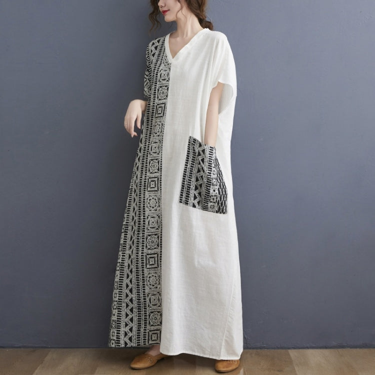 Ladies Cotton Linen Retro V-neck Color Matching Long Robe Dress