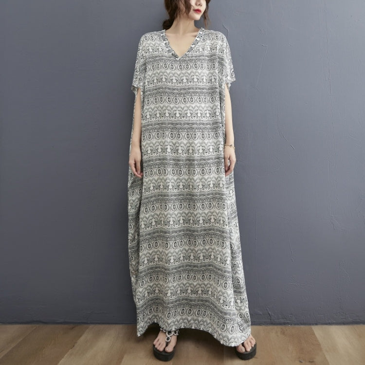 Ladies Bohemian Vintage Style V-neck Long Robe Dress (As Show)