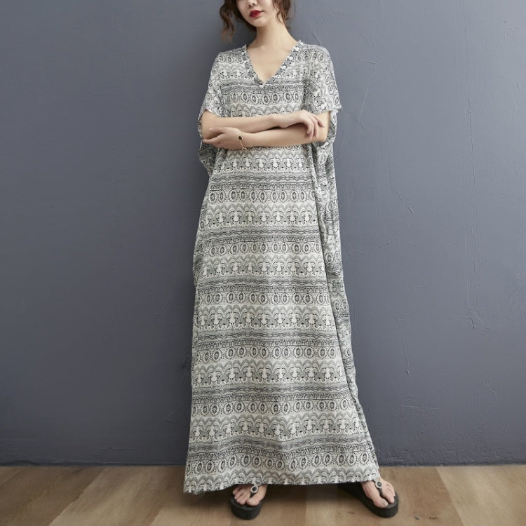 Ladies Bohemian Vintage Style V-neck Long Robe Dress (As Show)