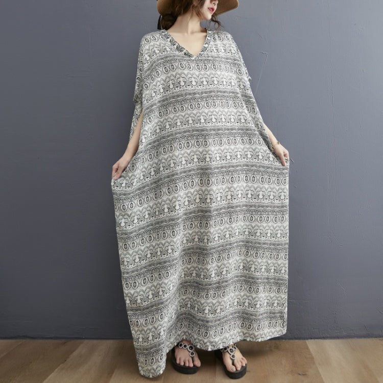 Ladies Bohemian Vintage Style V-neck Long Robe Dress (As Show)
