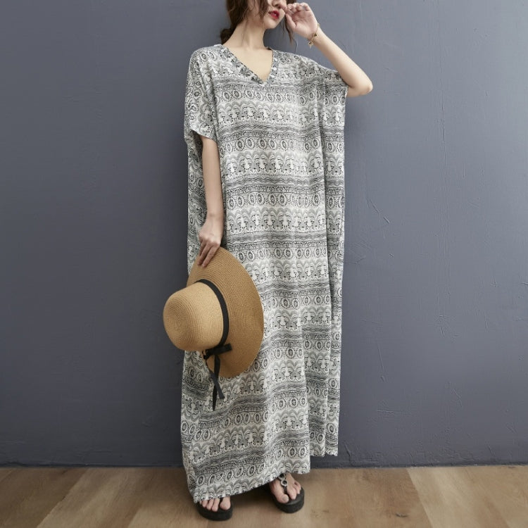 Ladies Bohemian Vintage Style V-neck Long Robe Dress (As Show)