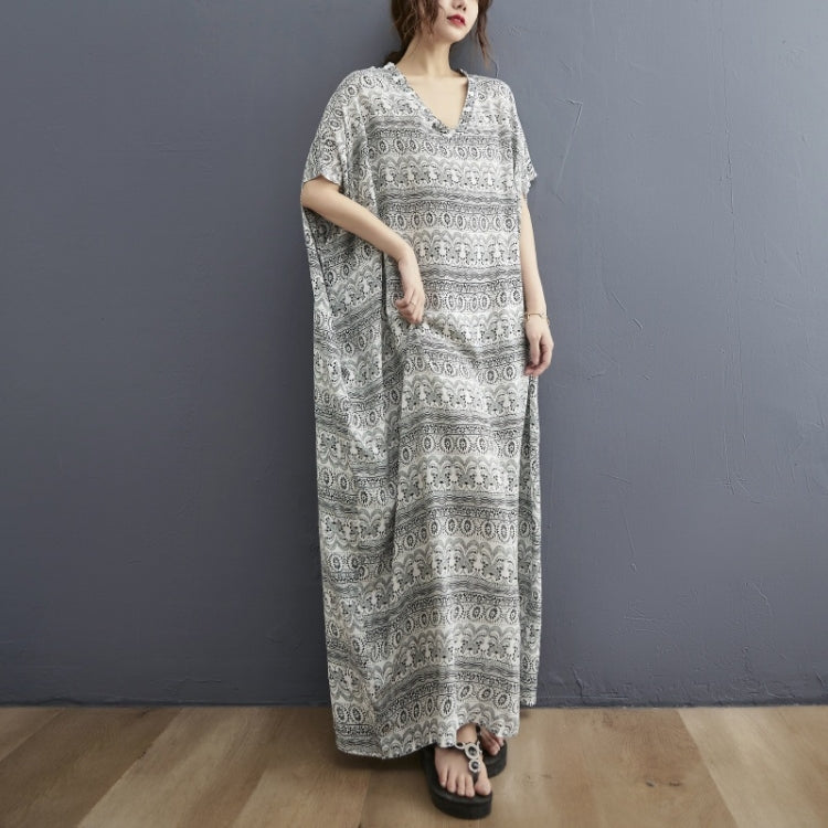 Ladies Bohemian Vintage Style V-neck Long Robe Dress (As Show)