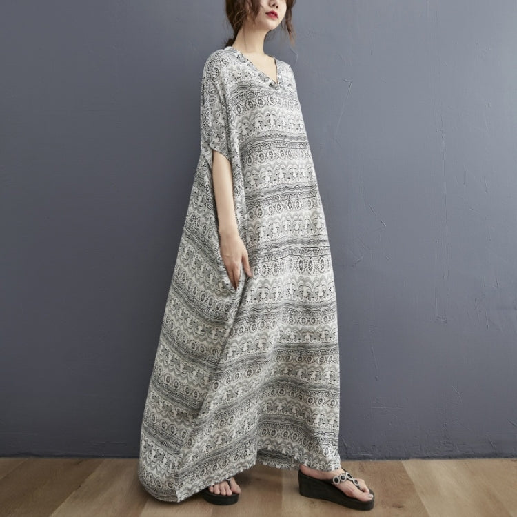 Ladies Bohemian Vintage Style V-neck Long Robe Dress (As Show)
