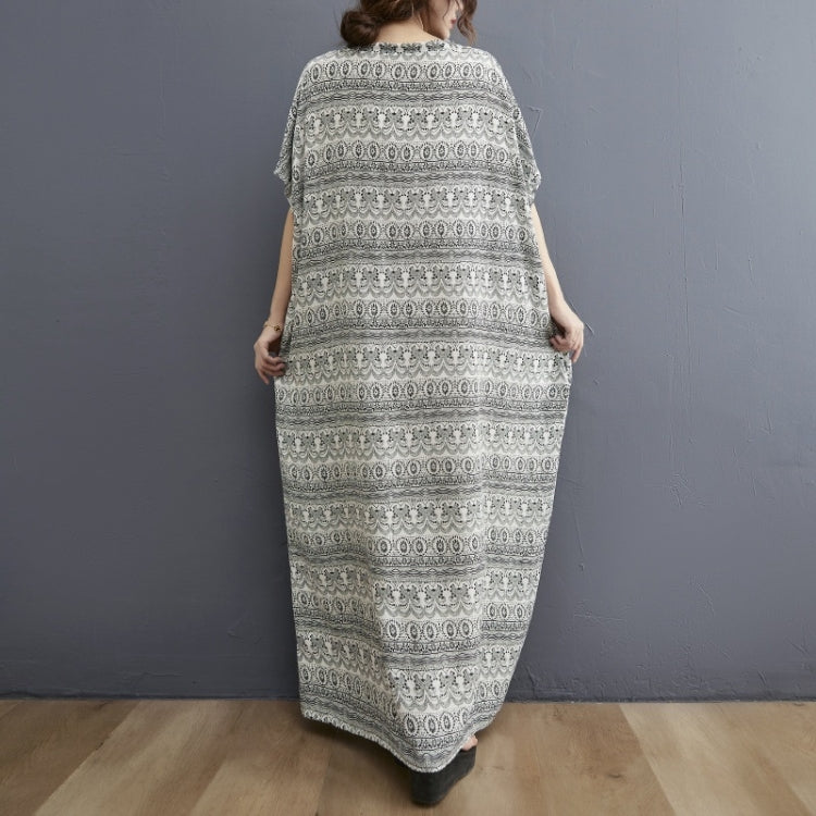 Ladies Bohemian Vintage Style V-neck Long Robe Dress (As Show)