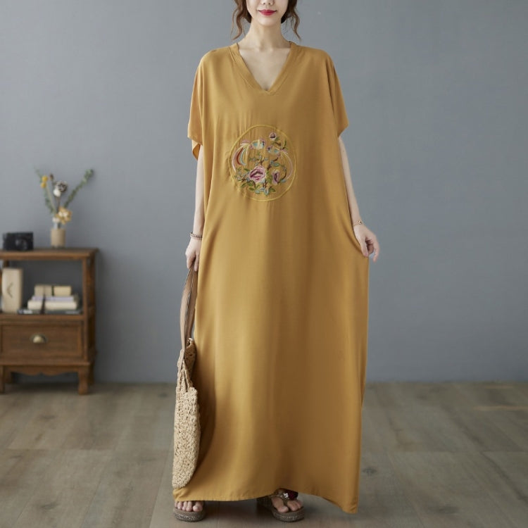 Ladies Summer V-neck Embroidery Long Robe Dress (Yellow)