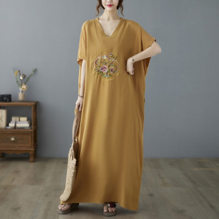 Ladies Summer V-neck Embroidery Long Robe Dress (Yellow)