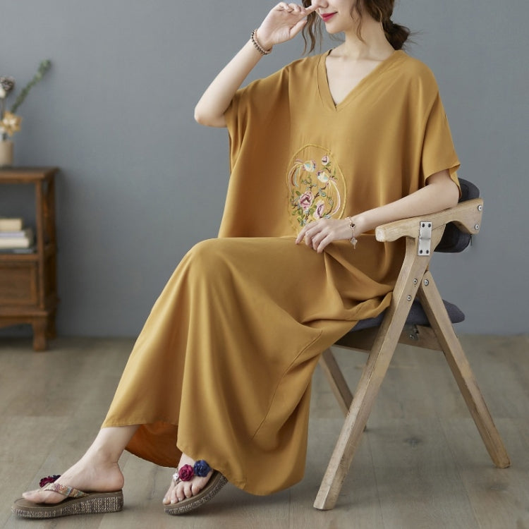 Ladies Summer V-neck Embroidery Long Robe Dress (Yellow)