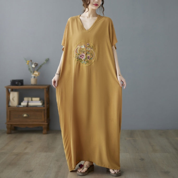 Ladies Summer V-neck Embroidery Long Robe Dress (Yellow)
