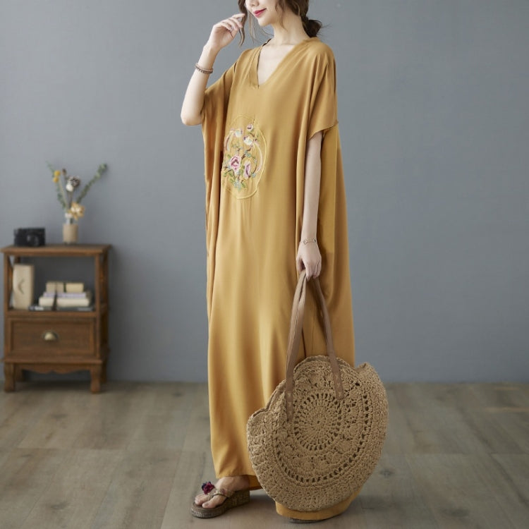 Ladies Summer V-neck Embroidery Long Robe Dress (Yellow)