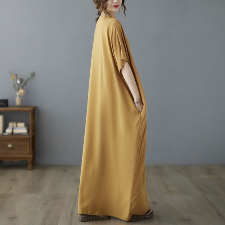 Ladies Summer V-neck Embroidery Long Robe Dress (Yellow)