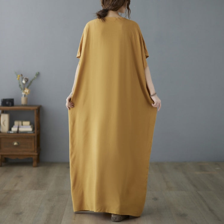Ladies Summer V-neck Embroidery Long Robe Dress (Yellow)