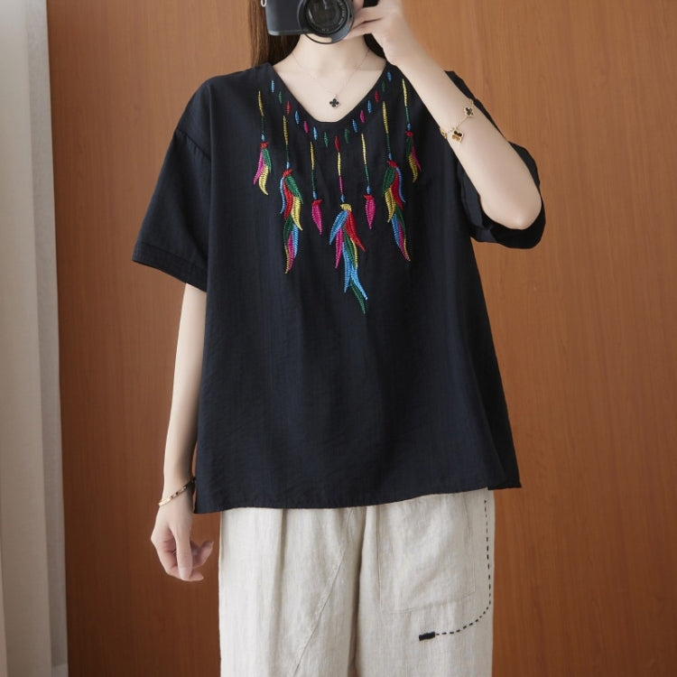 Ladies Summer Cotton Linen Solid Color Embroidered Short-sleeved T-shirt (Color:Black Size:One Size)