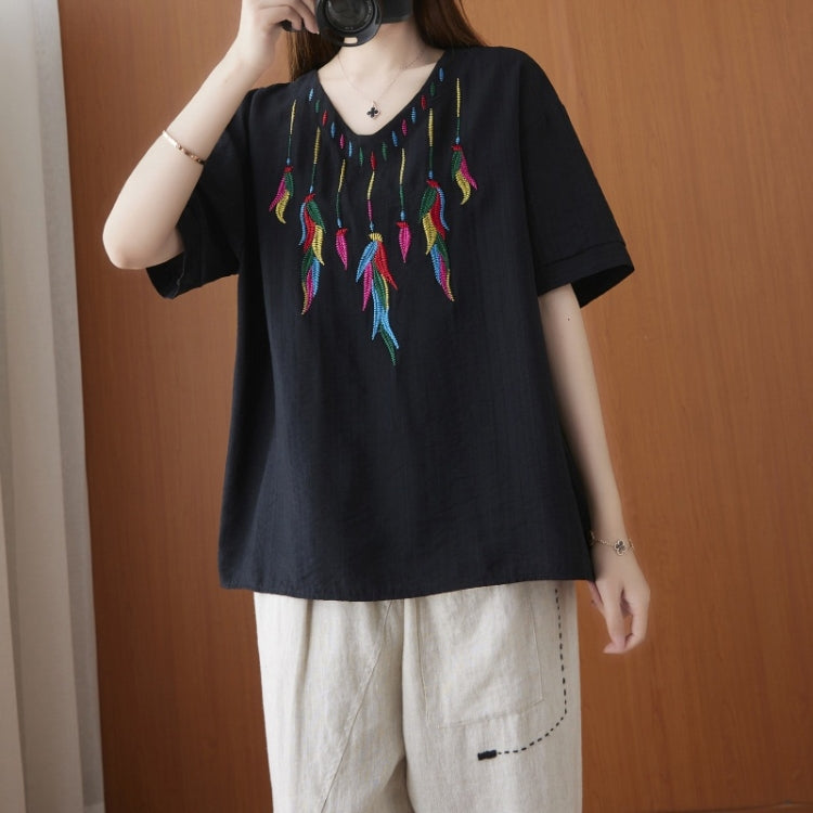Ladies Summer Cotton Linen Solid Color Embroidered Short-sleeved T-shirt (Color:Black Size:One Size)