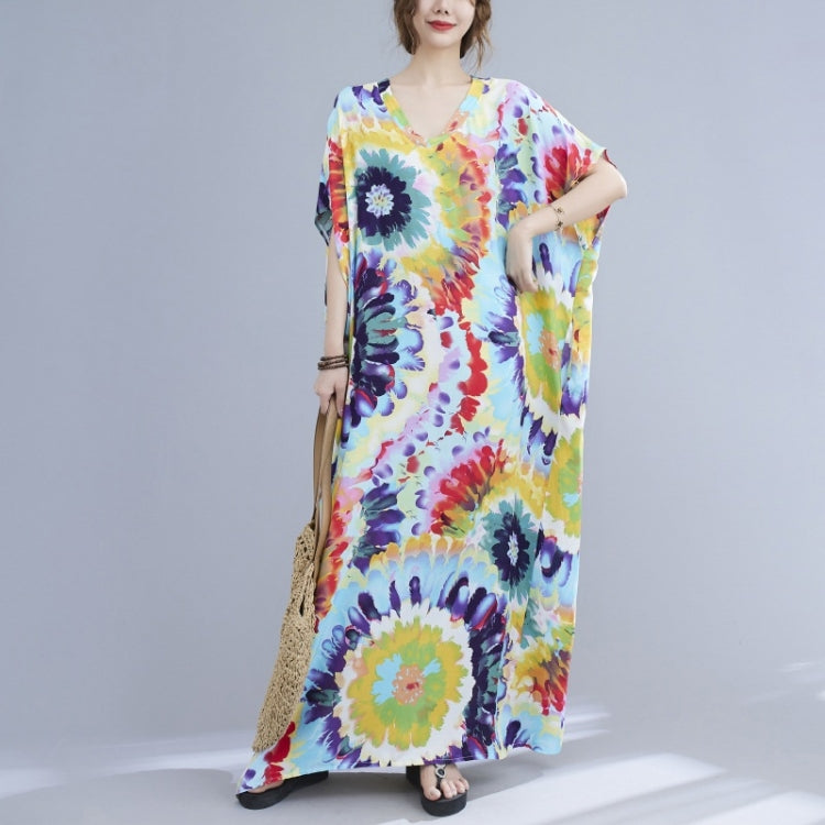Ladies Summer Vacation Style V-neck Long Robe Dress (As Show)