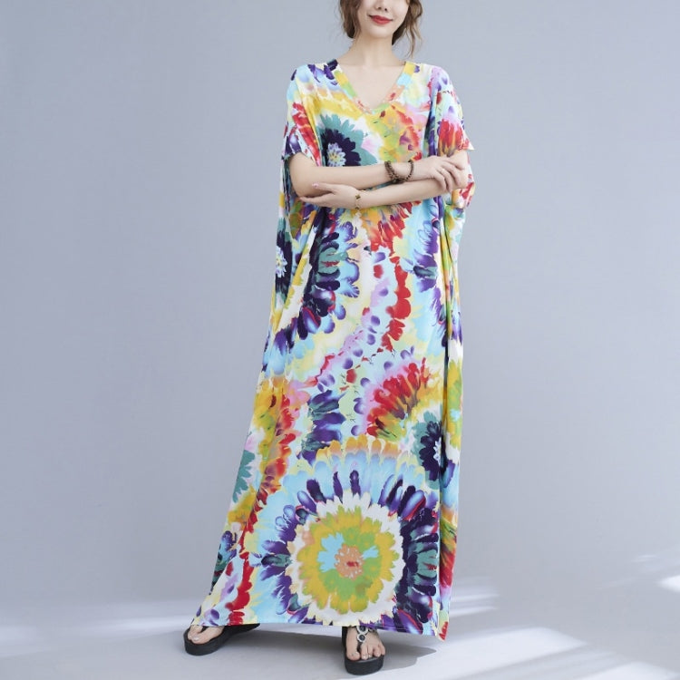 Ladies Summer Vacation Style V-neck Long Robe Dress (As Show)
