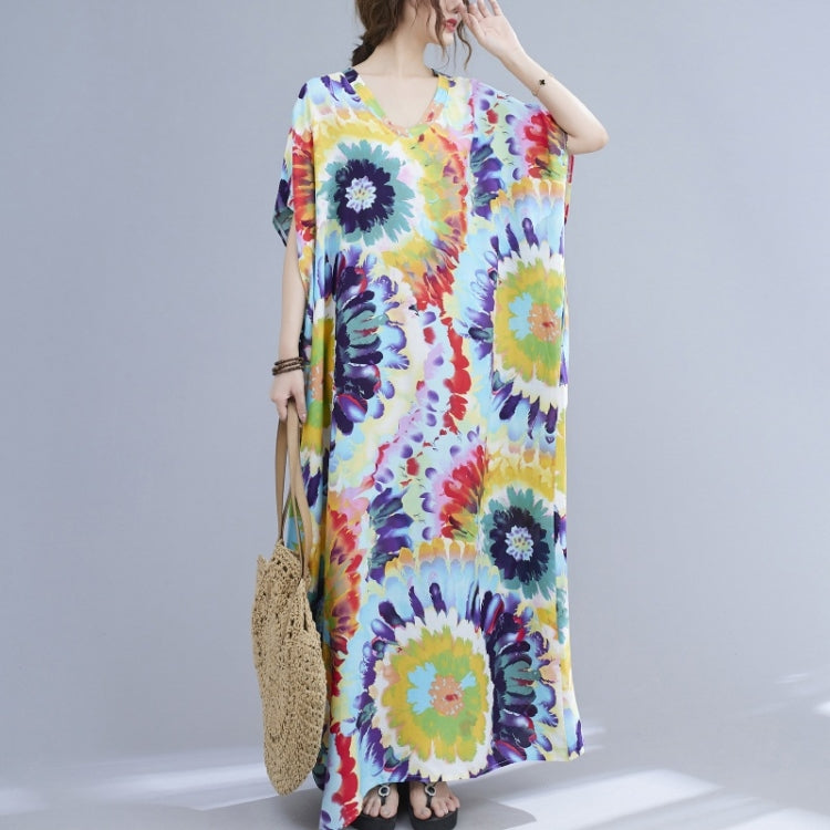 Ladies Summer Vacation Style V-neck Long Robe Dress (As Show)
