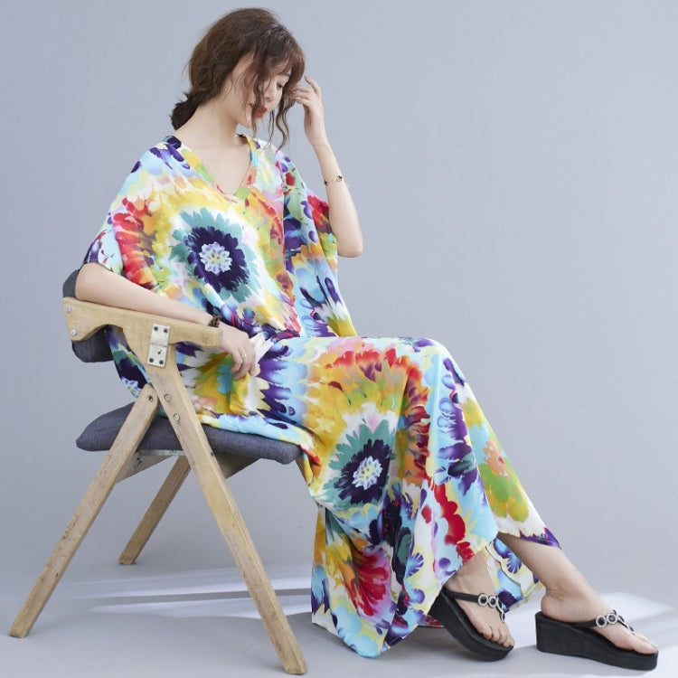 Ladies Summer Vacation Style V-neck Long Robe Dress (As Show)