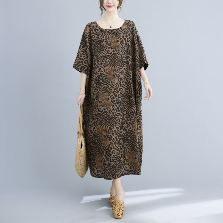 Ladies Summer Round Neck Leopard Print Cotton Linen Dress (As Show)