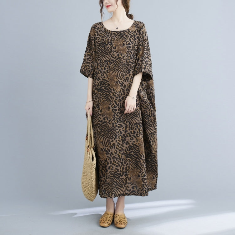 Ladies Summer Round Neck Leopard Print Cotton Linen Dress (As Show)