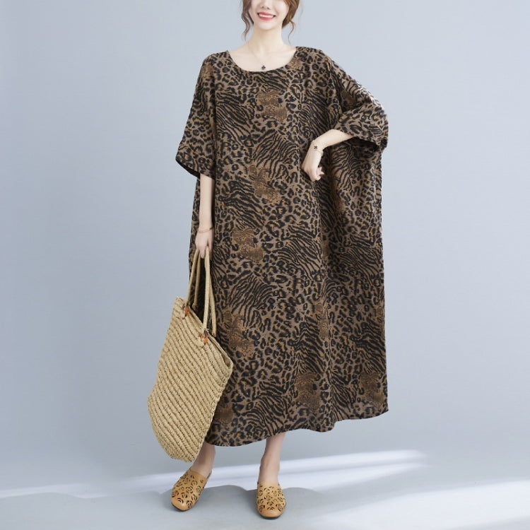 Ladies Summer Round Neck Leopard Print Cotton Linen Dress (As Show)