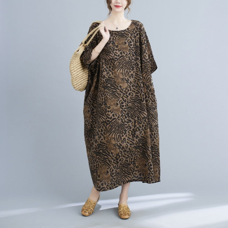 Ladies Summer Round Neck Leopard Print Cotton Linen Dress (As Show)
