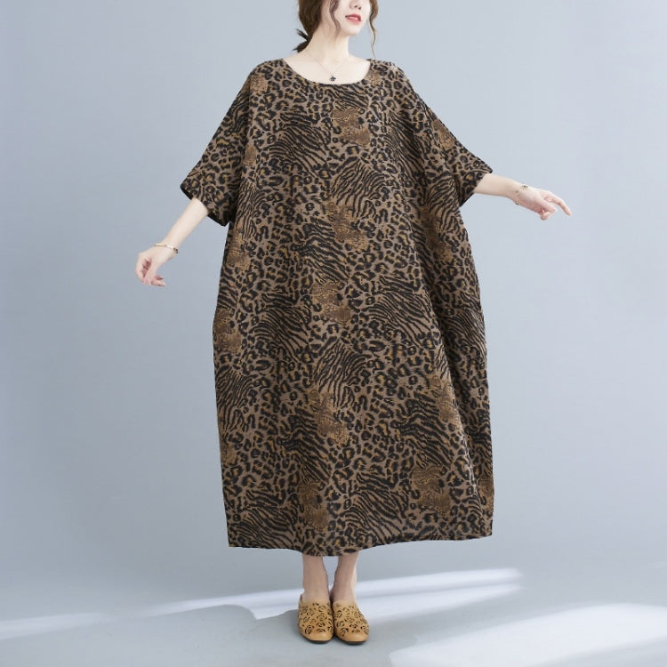 Ladies Summer Round Neck Leopard Print Cotton Linen Dress (As Show)