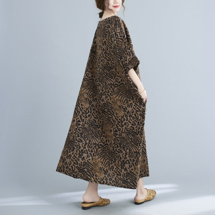 Ladies Summer Round Neck Leopard Print Cotton Linen Dress (As Show)