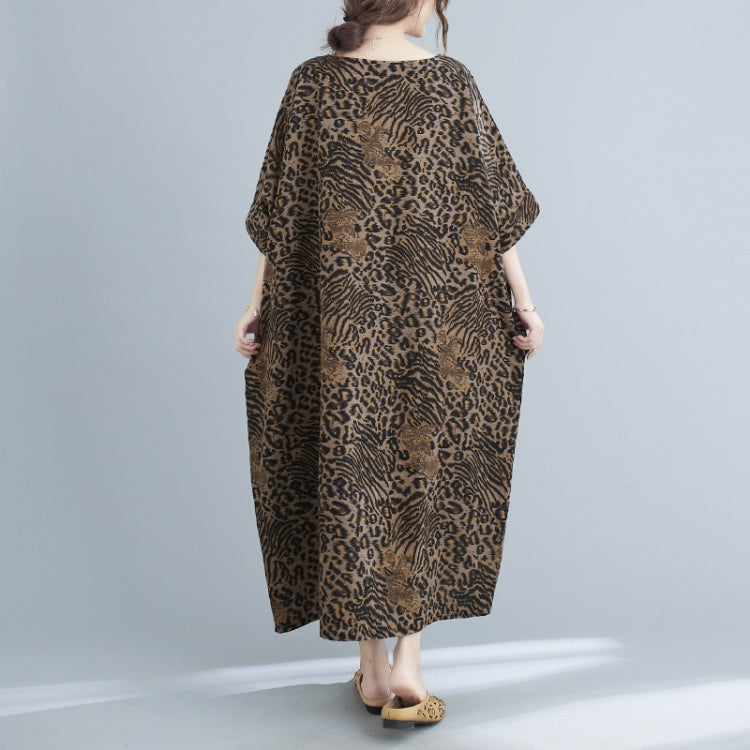 Ladies Summer Round Neck Leopard Print Cotton Linen Dress (As Show)