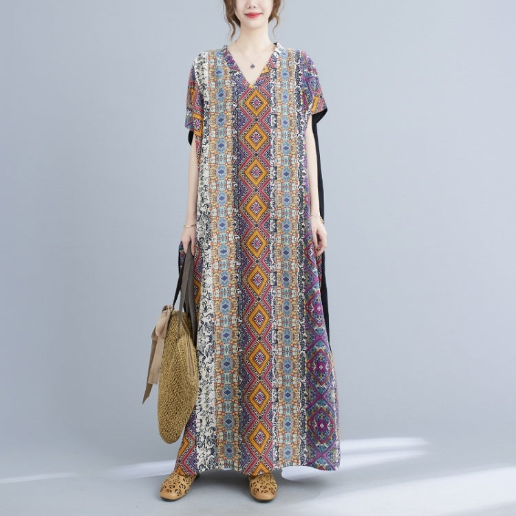 Ladies Summer Cotton Linen Loose V-neck Color Matching Long Robe Dress (As Show)