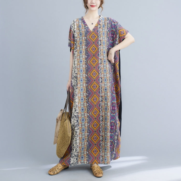 Ladies Summer Cotton Linen Loose V-neck Color Matching Long Robe Dress (As Show)