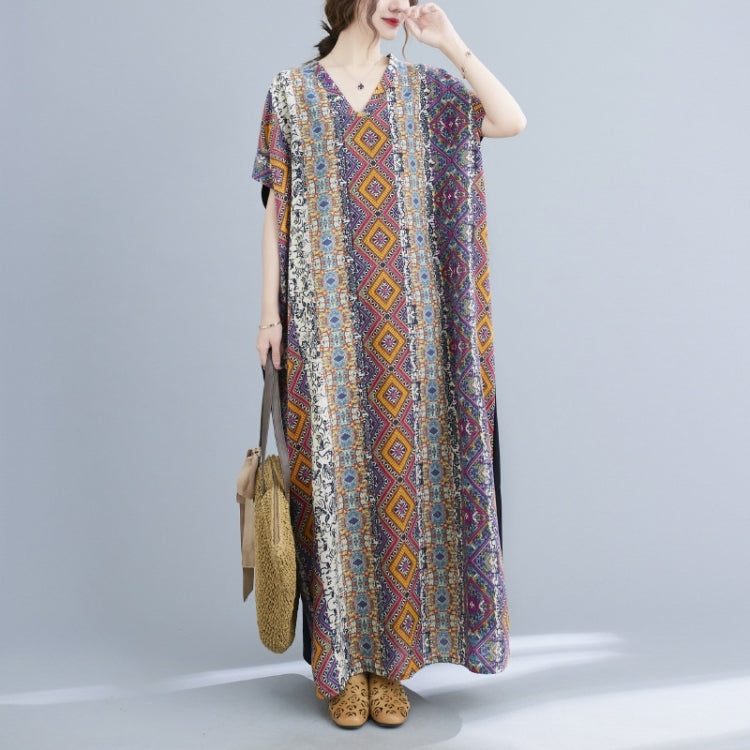 Ladies Summer Cotton Linen Loose V-neck Color Matching Long Robe Dress (As Show)