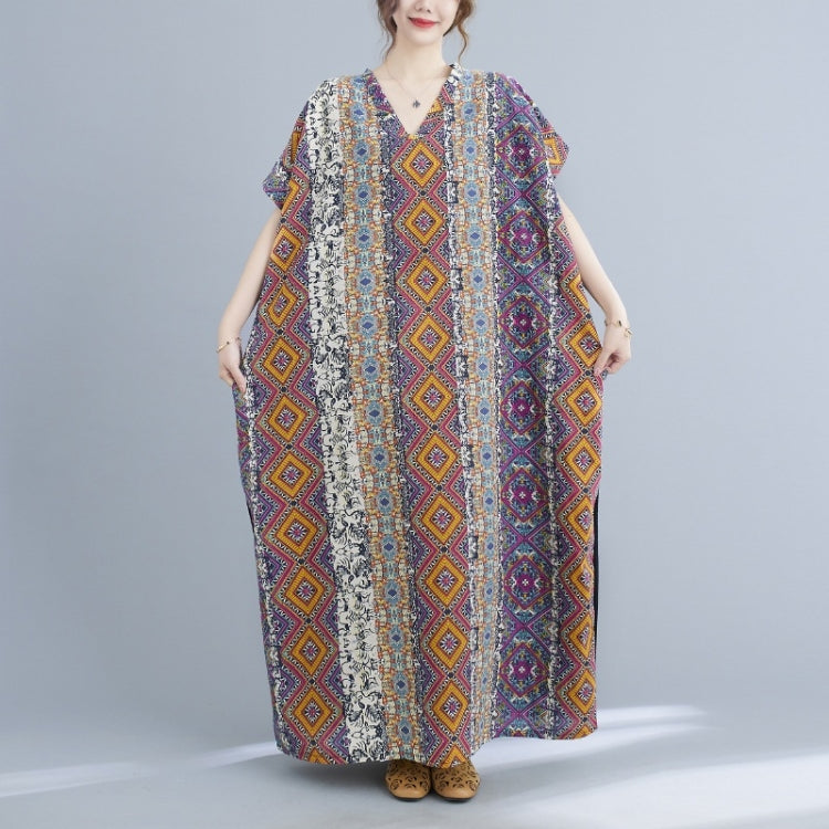 Ladies Summer Cotton Linen Loose V-neck Color Matching Long Robe Dress (As Show)