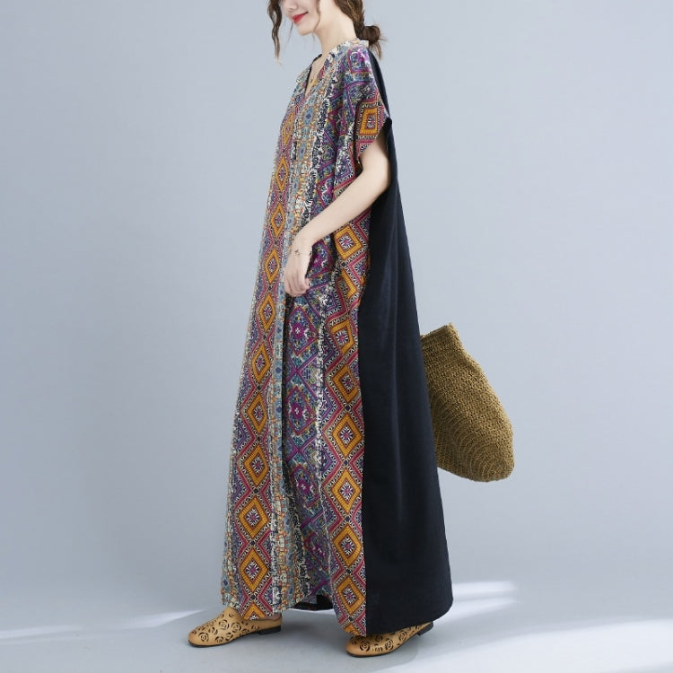 Ladies Summer Cotton Linen Loose V-neck Color Matching Long Robe Dress (As Show)